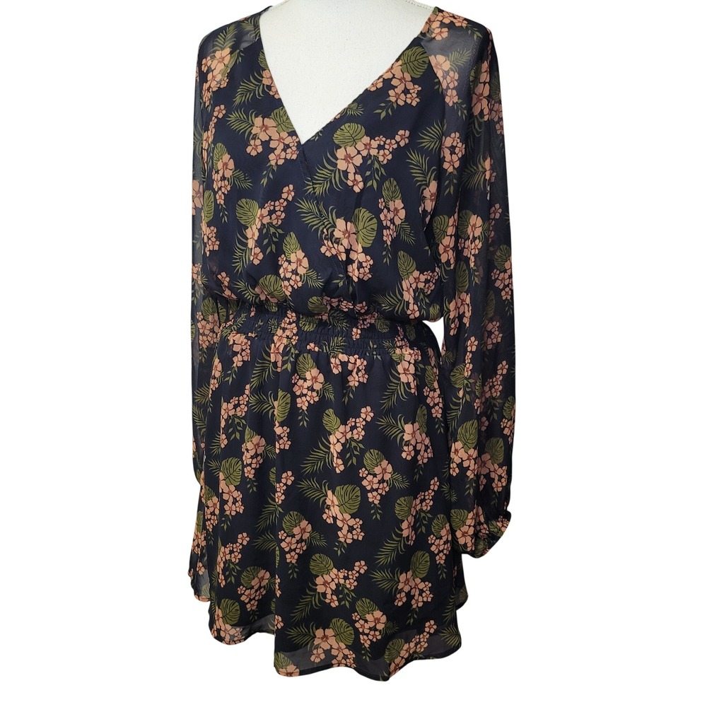 Floral Long Sleeve Mini Dress Black Brown Tropical V-Neck Medium